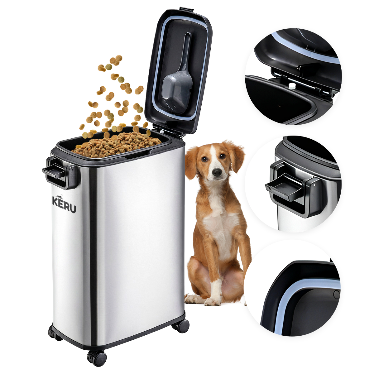 Contenedor Hermético para Alimento de Mascotas KERU 15 Litros Acero Inoxidable