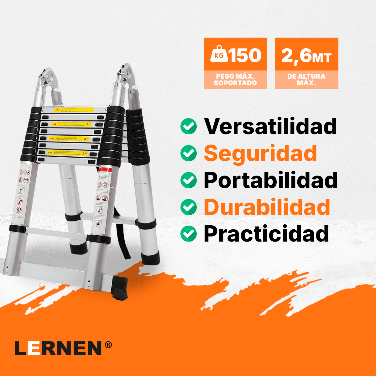 Escalera Telescópica Plegable 2.6 Metros Lernen Color Gris