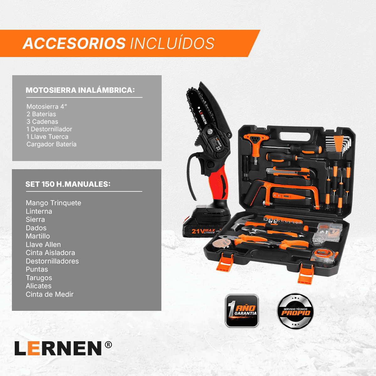 Pack Motosierra Podadora 4 Pulgadas 2 Baterías + Set De 150 Herramientas