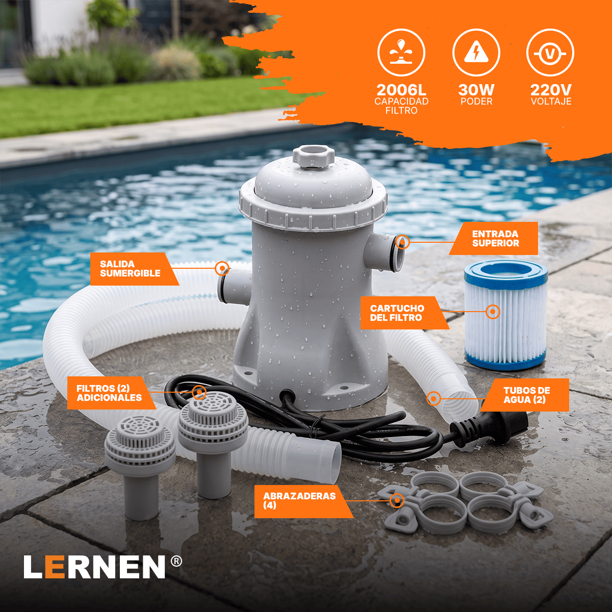 Bomba Para Piscina Con Filtro 2.006 L/h 30 W LERNEN