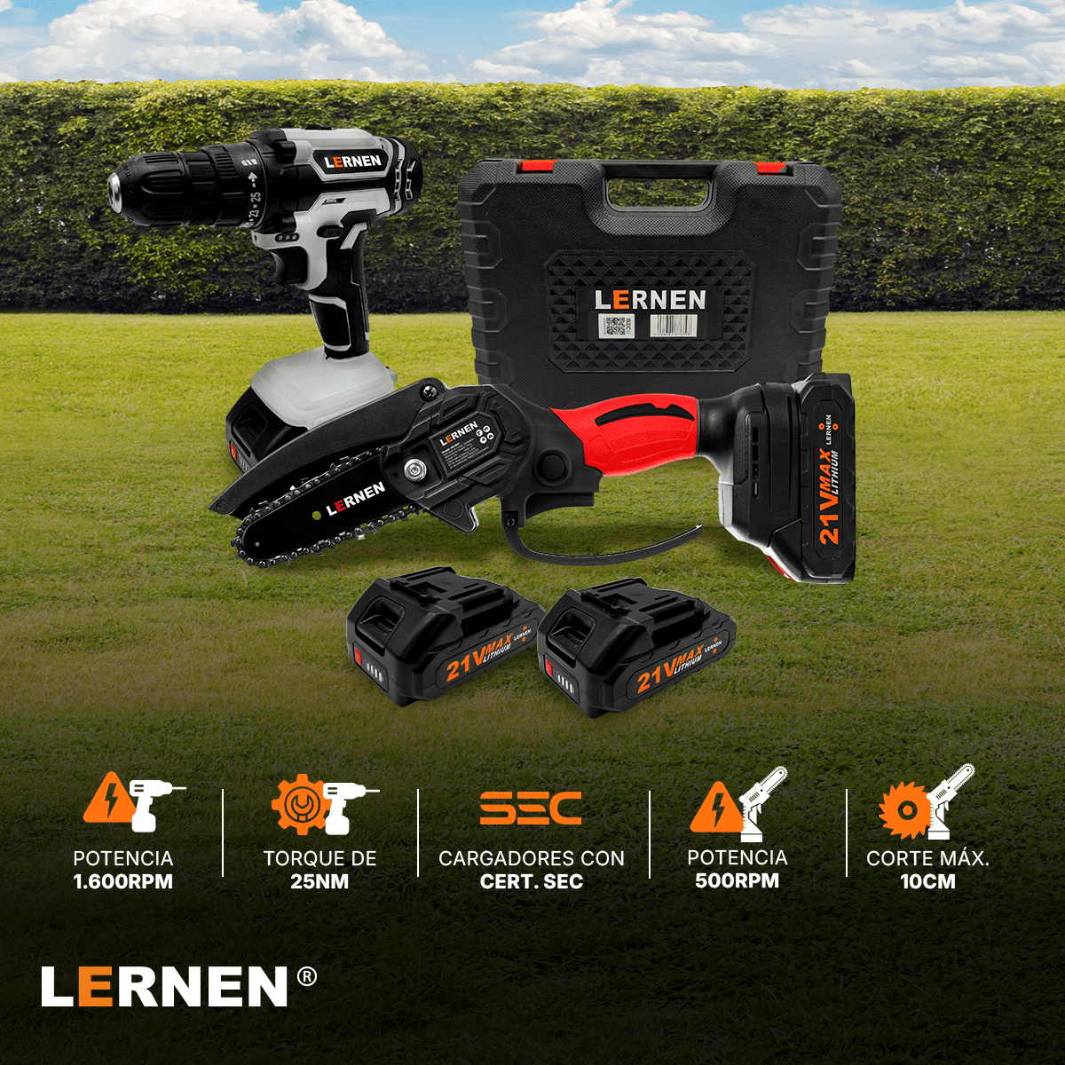 Pack Taladro Inalámbrico LERNEN + Motosierra Podadora LERNEN + 4 Baterías