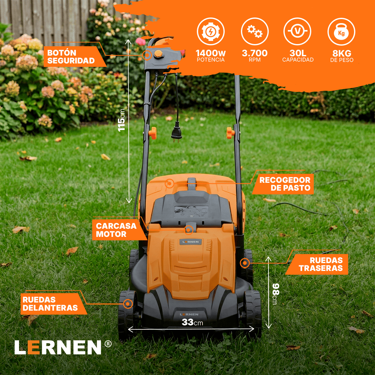 Cortacésped Eléctrico Lernen 1400W con Bolsa Recolectora de 30L