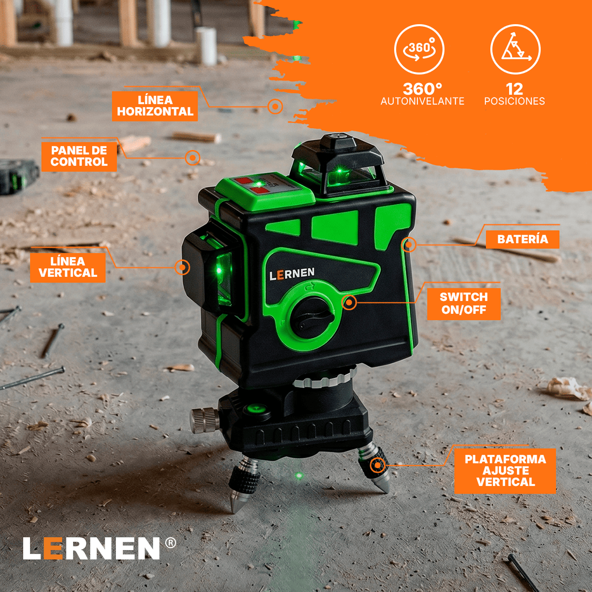 Nivel Laser Profesional 12 Líneas LERNEN + Maletín + Trípode