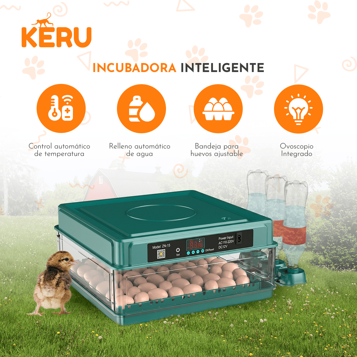 Incubadora Automática KERU 48 Huevos con Volteo, Control de Temperatura y Doble Alimentación