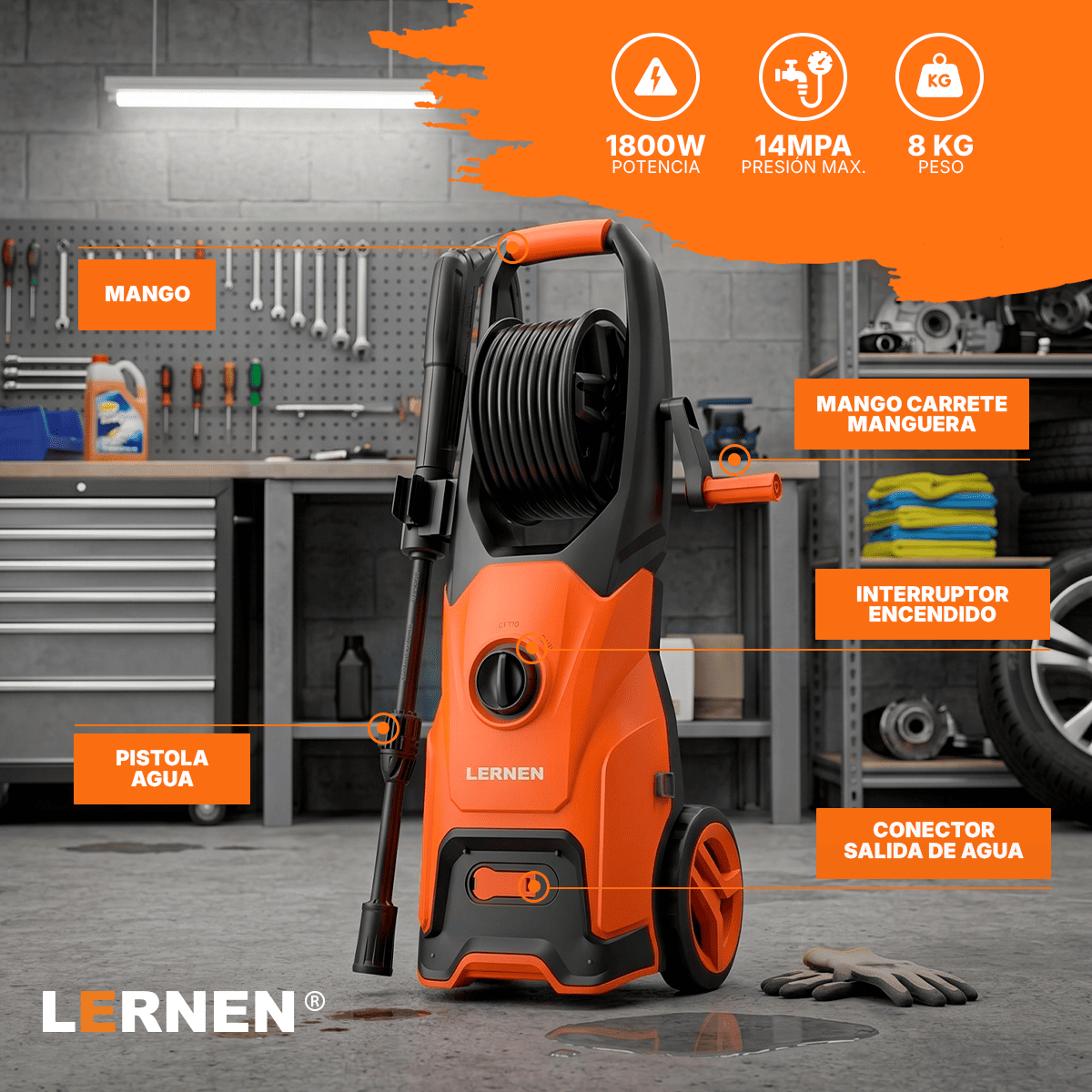 Hidrolavadora 1800w con Espumador y Ruedas LERNEN