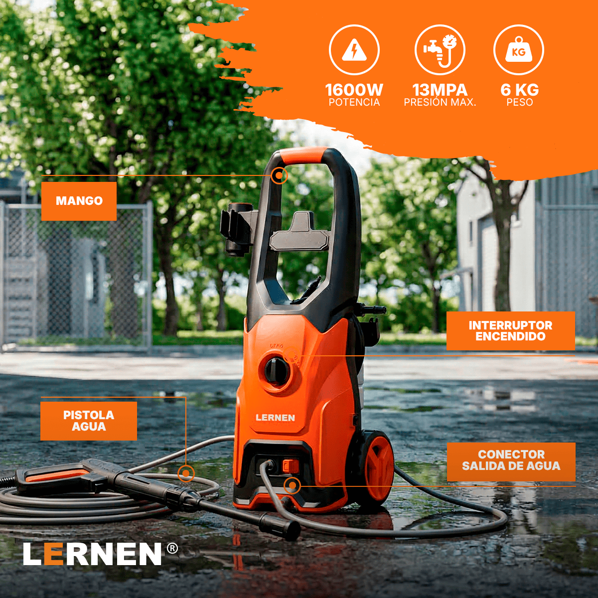 Hidrolavadora 1.600w con Espumador y Ruedas LERNEN - HIDRO-1600