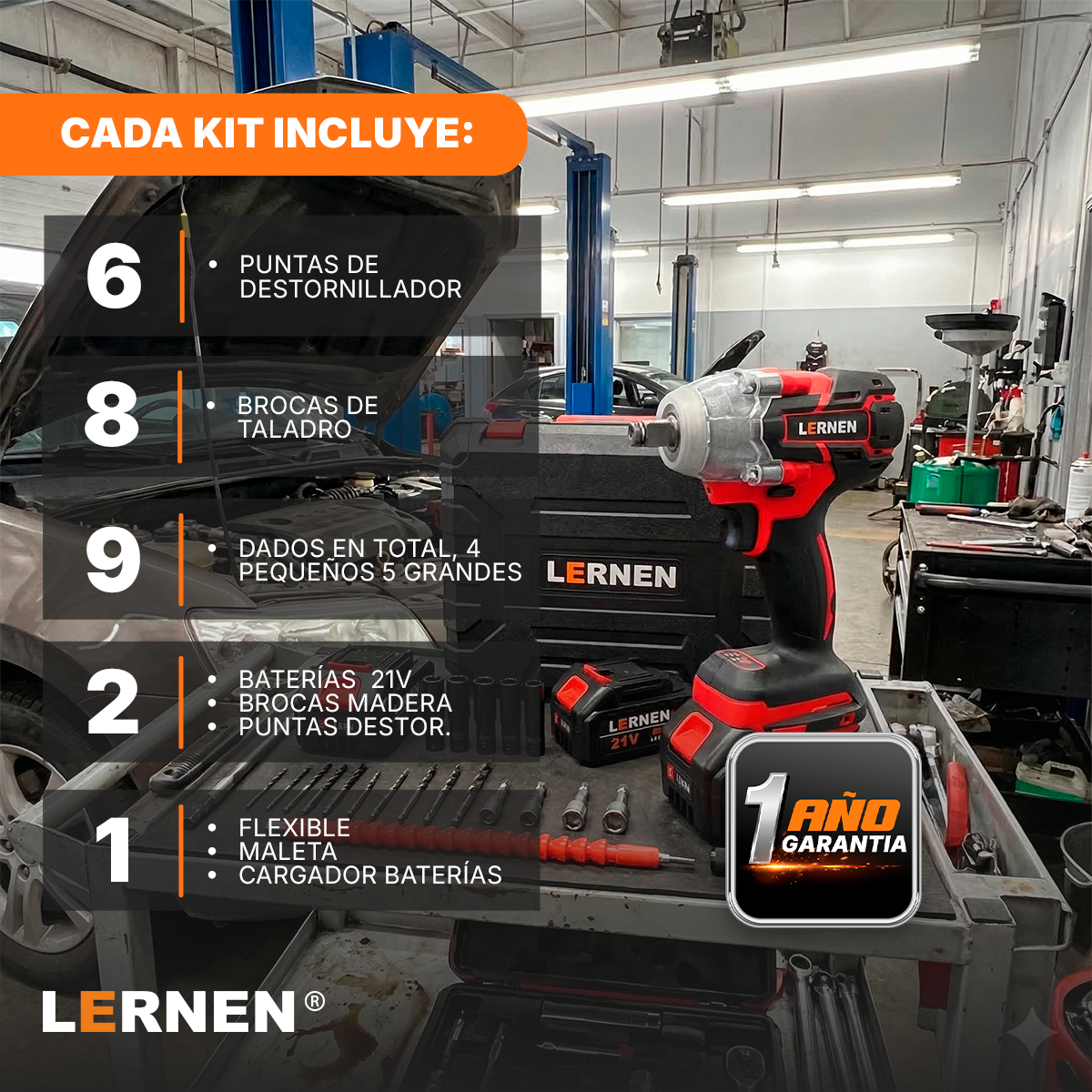 Llave Impacto 1/2" Inalámbrica LERNEN 21V + 2 Baterías + Acc