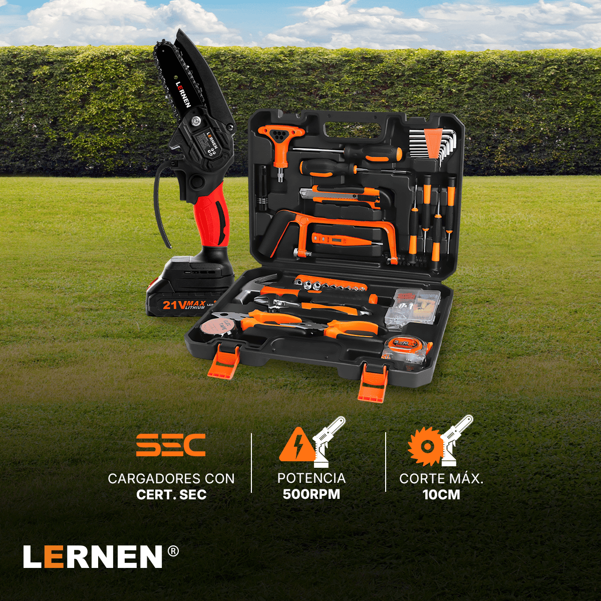 Pack Motosierra Podadora 4 Pulgadas 2 Baterías + Set De 150 Herramientas