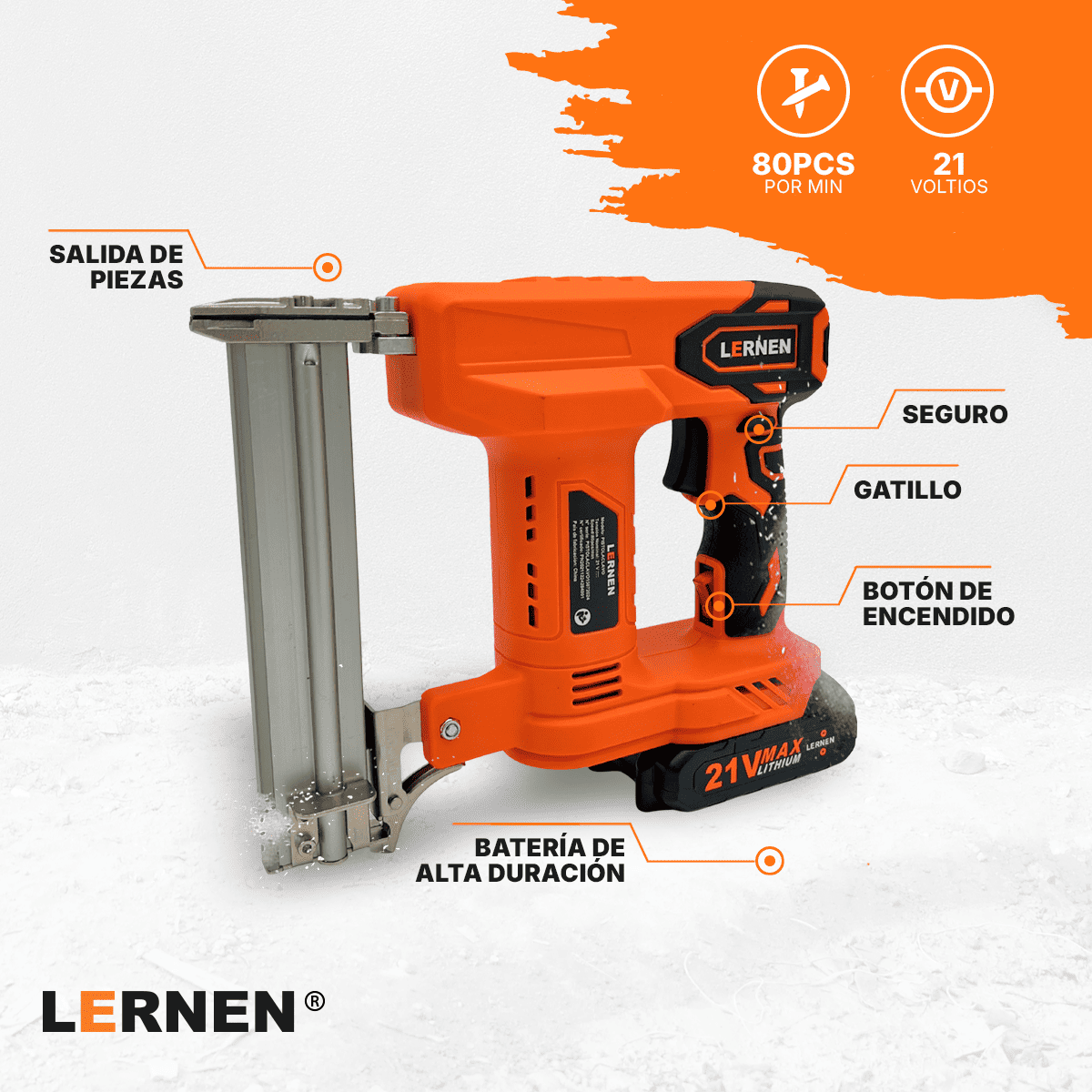 Pistola De Clavos Y Grapas Inalámbrica LERNEN + 2 Baterías Lernen