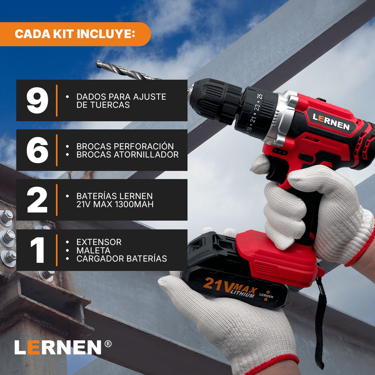 Taladro Percutor Inalámbrico LERNEN 21V + 2 Baterías + Acc Lernen