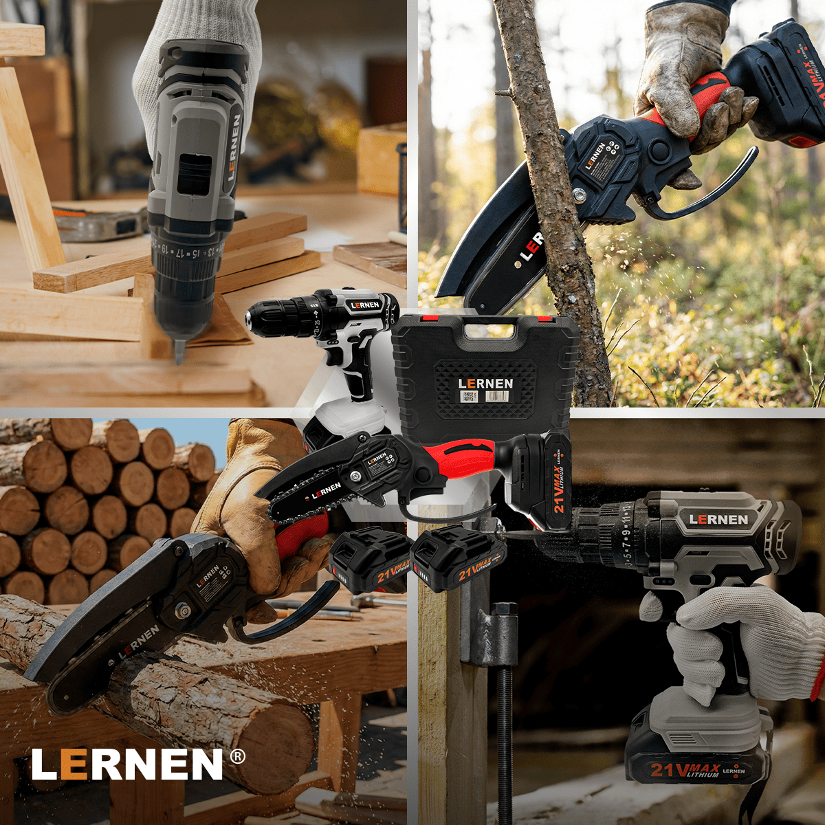 Pack Taladro Inalámbrico LERNEN + Motosierra Podadora LERNEN + 4 Baterías