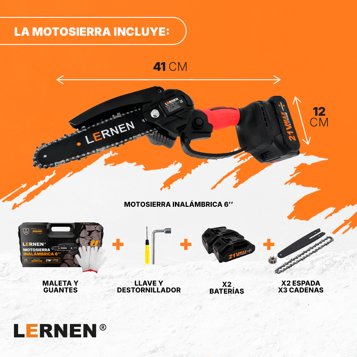 Motosierra Podadora Eléctrica 6 Pulgadas LERNEN + 2 Baterías