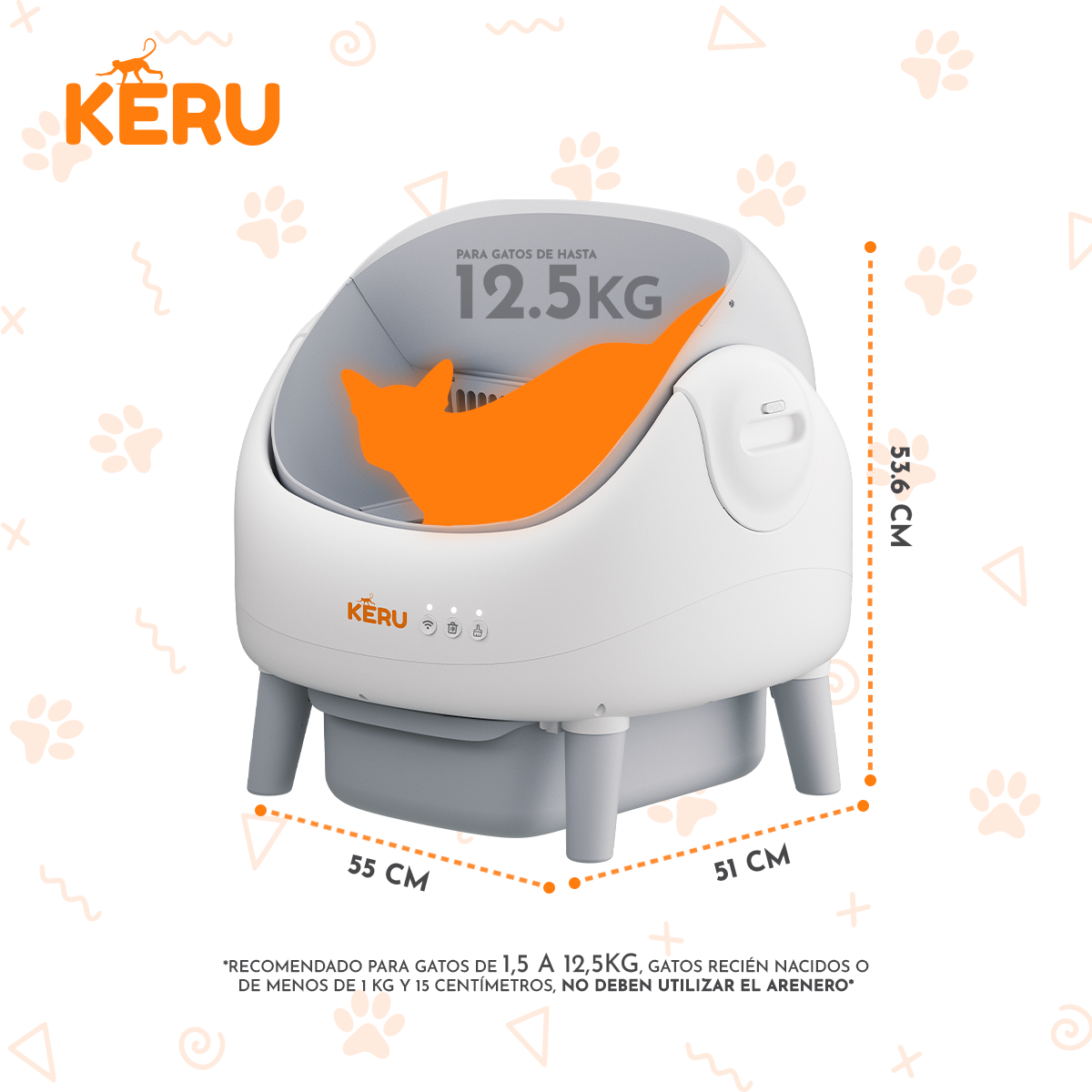 Arenero Inteligente Automático KERU ABIERTO para Gatos con App WiFi XXL 76 Lt