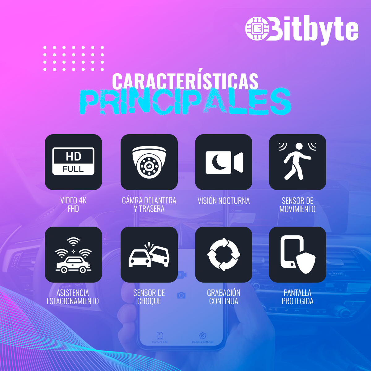 Cámara para Auto Doble Dash Cam Bitbyte 4k Retroceso + App Bitbyte