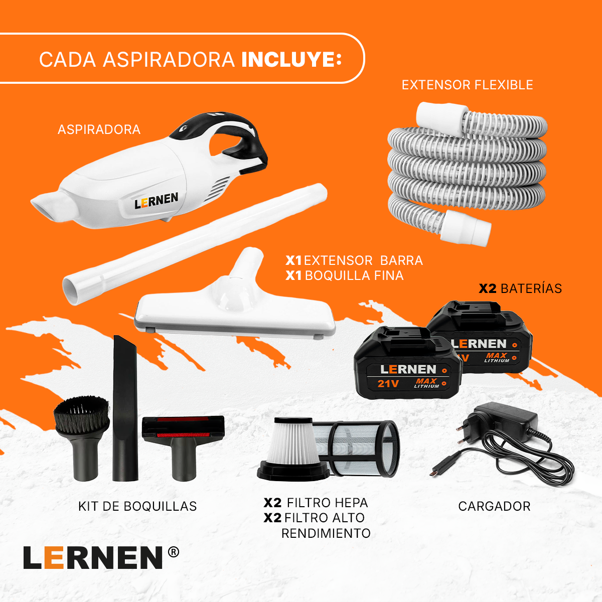 Aspiradora Inalámbrica Lernen 21v + 2 Baterías + Accesorios