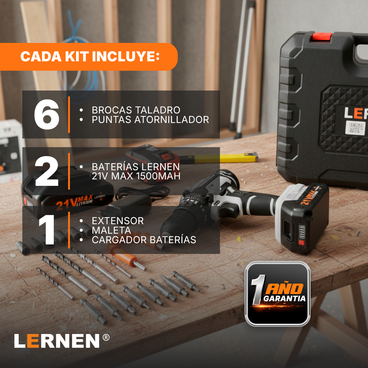Kit Taladro Destornillador Inalámbrico LERNEN 21V + 2 Baterías + Acc