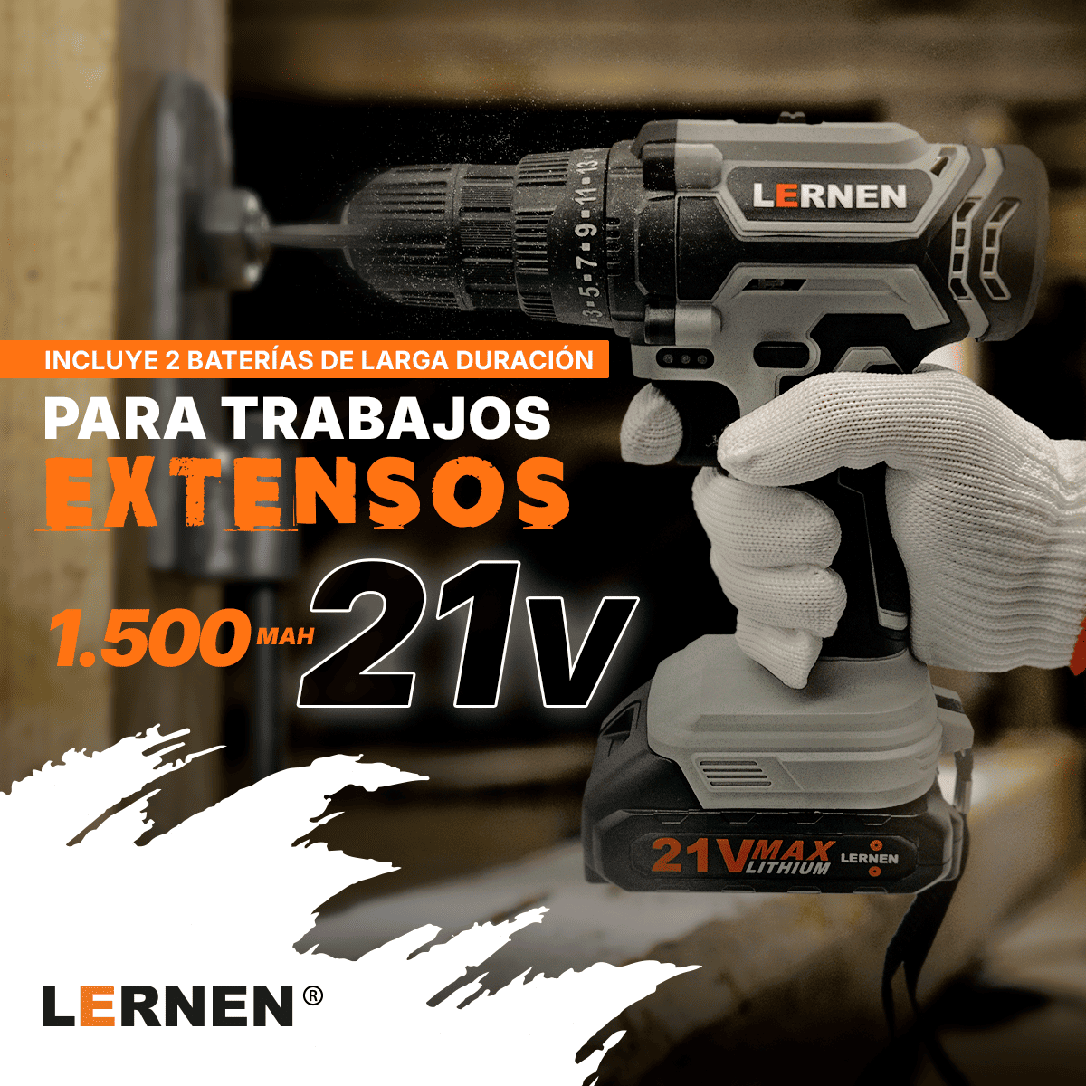 Kit Taladro Destornillador Inalámbrico LERNEN 21V + 2 Baterías + Acc Lernen