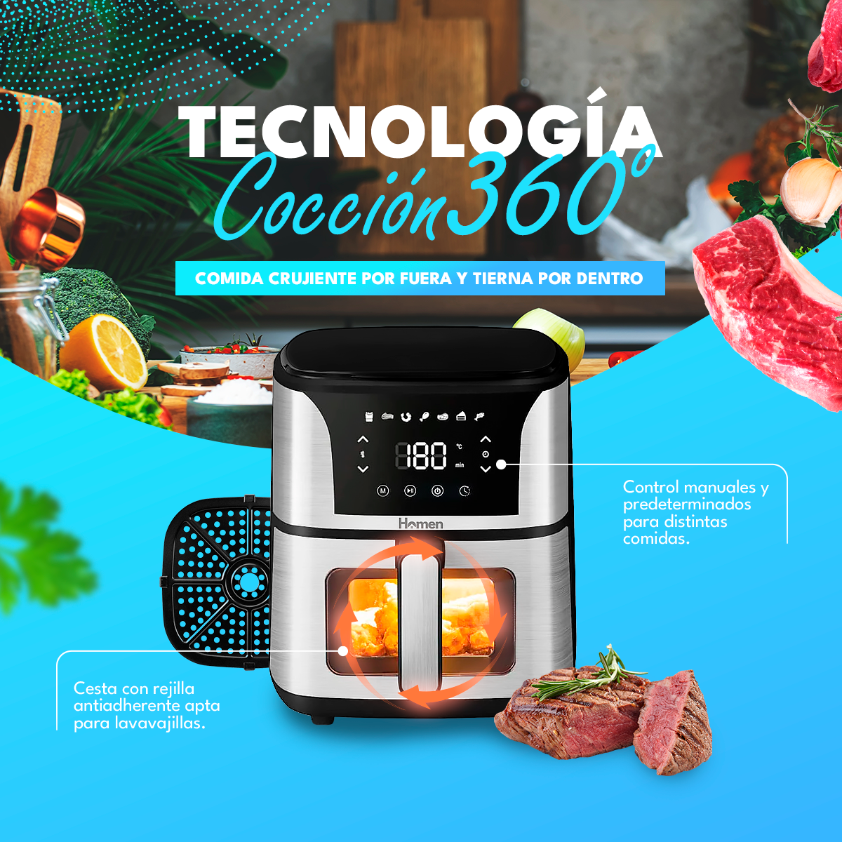 Freidora de Aire 5.5 Litros 1.350W Homen con Panel Touch — Mayor capacidad y control