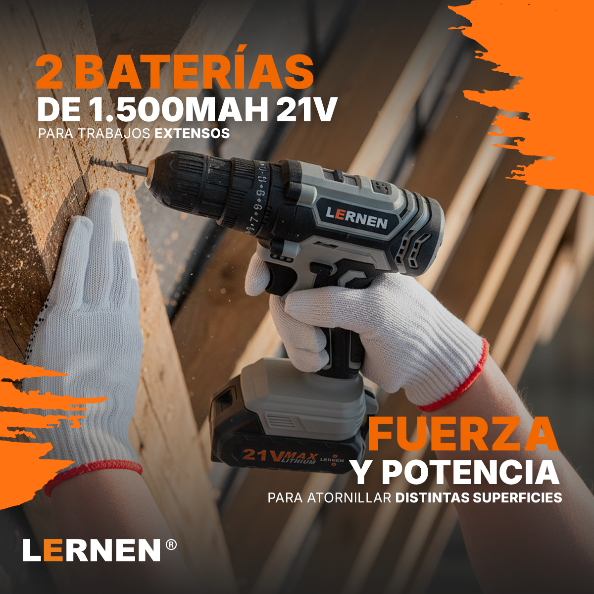 Kit Taladro Destornillador Inalámbrico LERNEN 21V + 2 Baterías + Acc