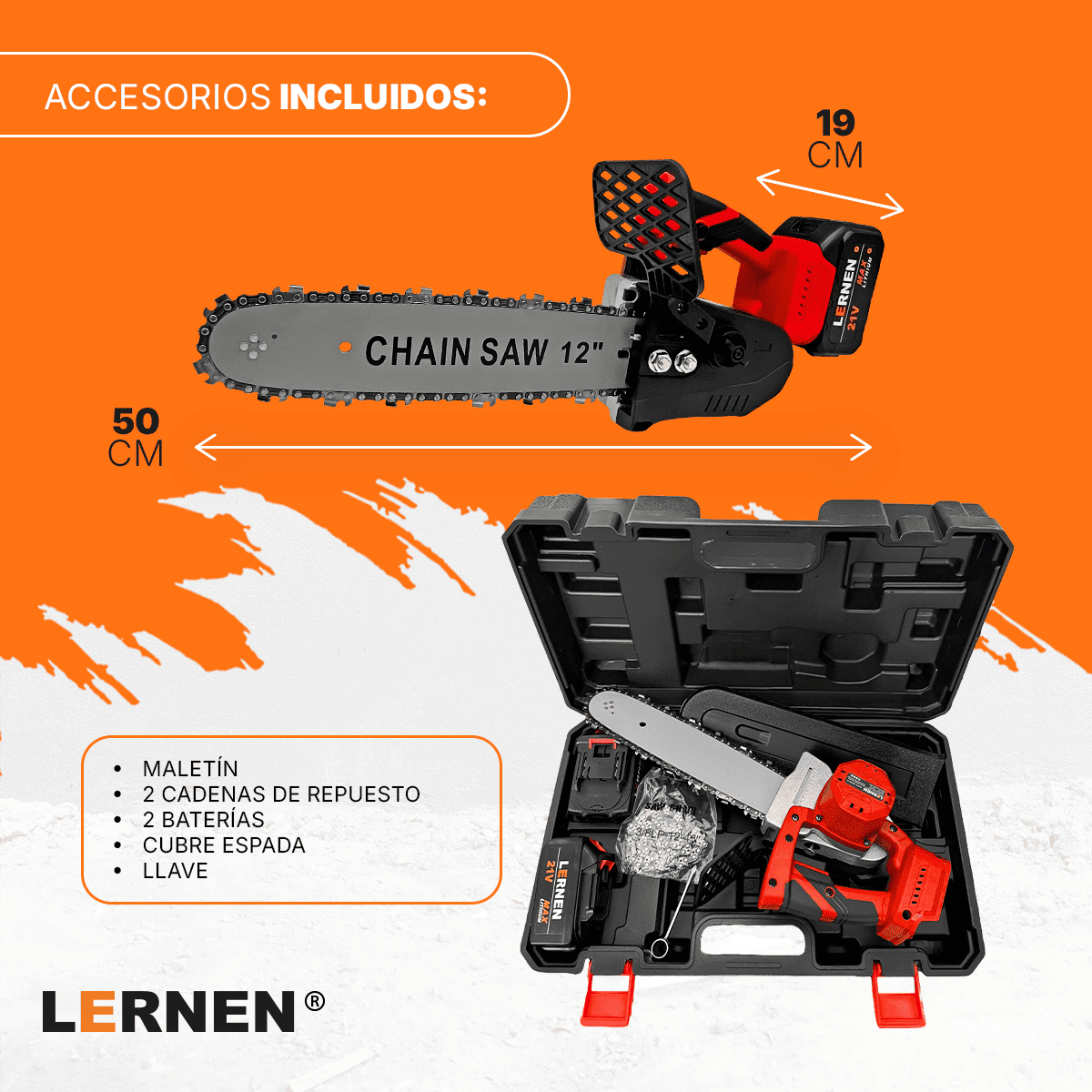 Motosierra Podadora Inalámbrica 12” LERNEN + 2 Baterías + Maletín Lernen