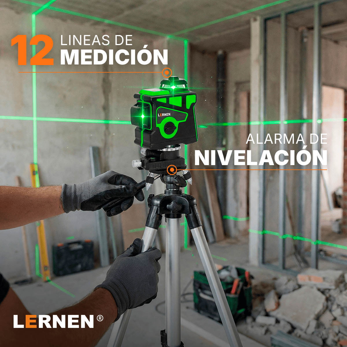 Nivel Laser Profesional 12 Líneas LERNEN + Maletín + Trípode