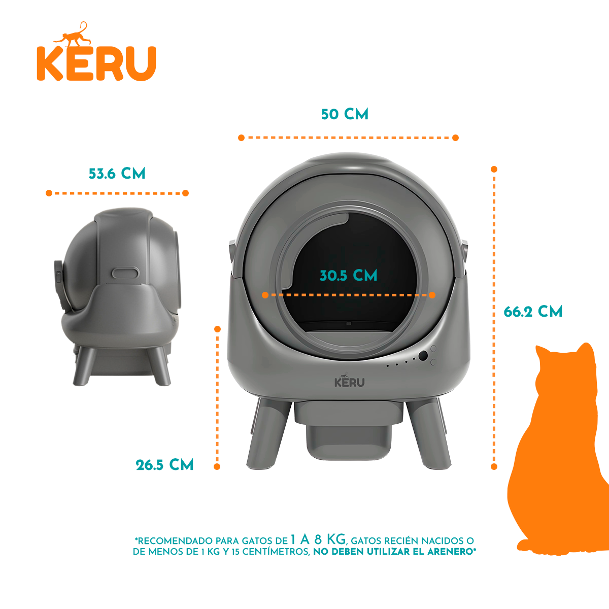 Arenero Inteligente Automático KERU EC Para Gatos Con App Y Conexión Wifi - Autolimpiante Keru