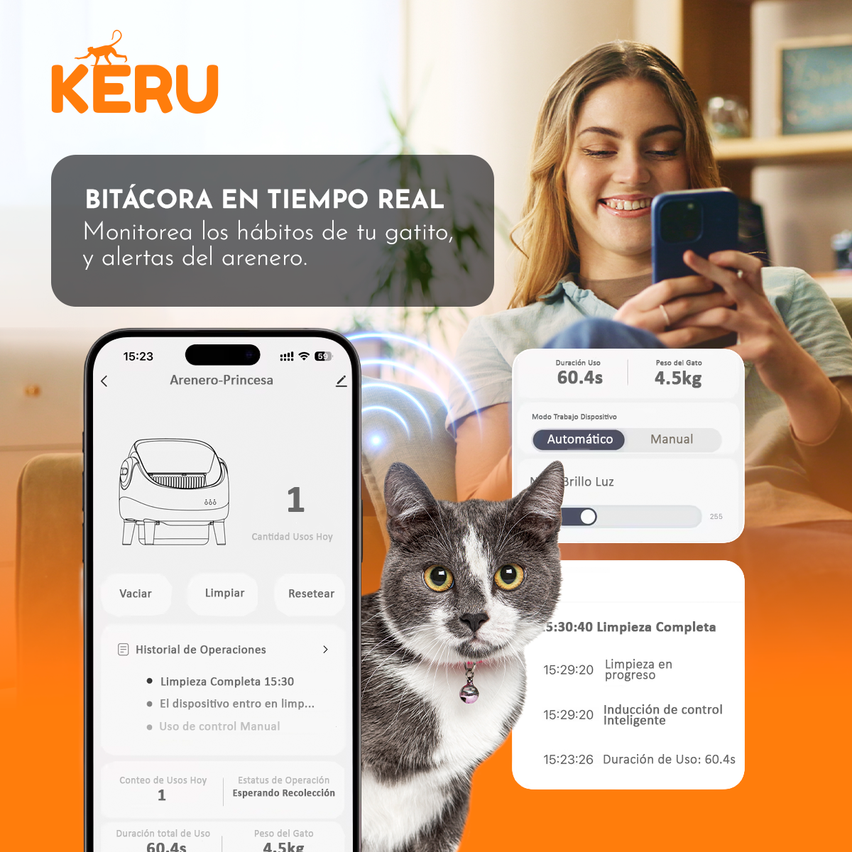 Arenero Inteligente Automático KERU ABIERTO para Gatos con App WiFi XXL 76 Lt
