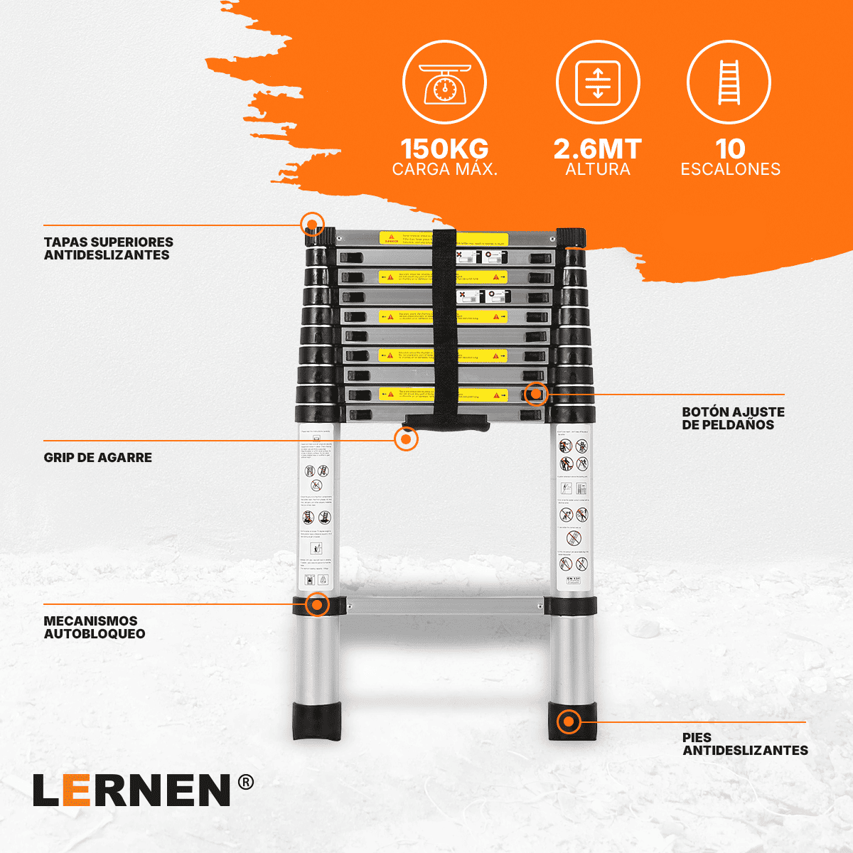 Escalera Telescópica Plegable 2.6 Metros Lernen Color Gris