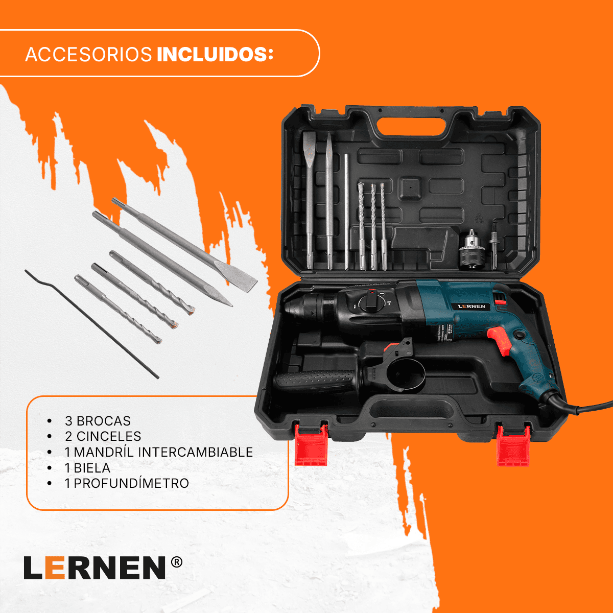 Kit Rotomartillo 800 W LERNEN+ Maletín Portátil + Accesorios