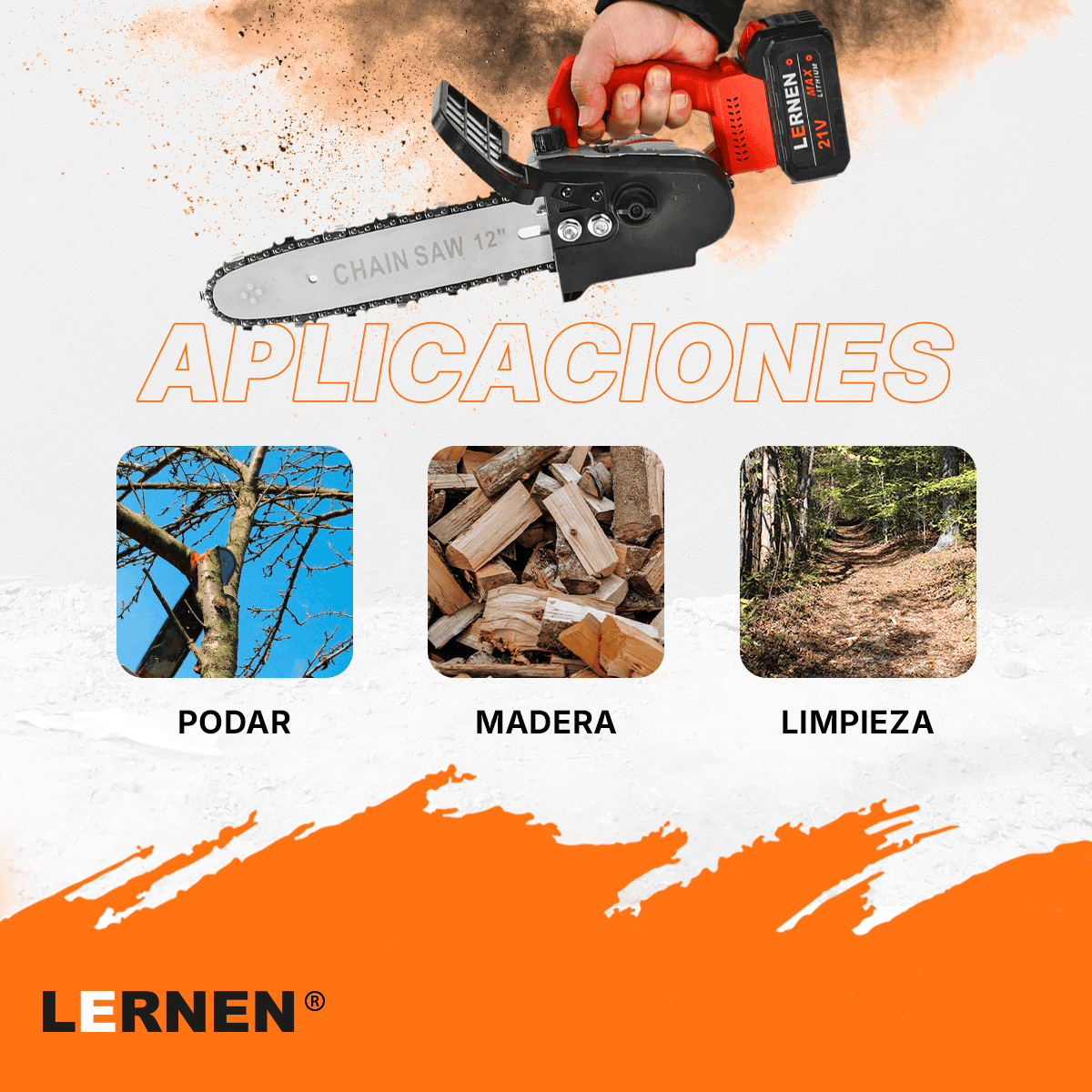 Motosierra Podadora Inalámbrica 12” LERNEN + 2 Baterías + Maletín Lernen