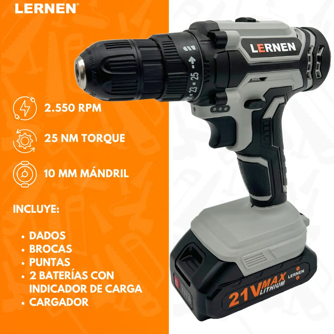 Pack Taladro Inalámbrico 2 Baterías + Taladro Percutor Lernen
