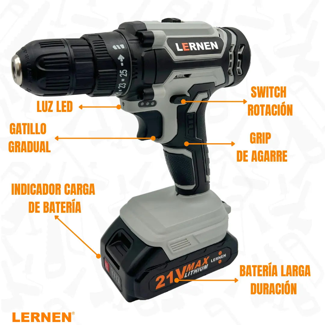 Pack Taladro Inalámbrico 2 Baterías + Taladro Percutor Lernen