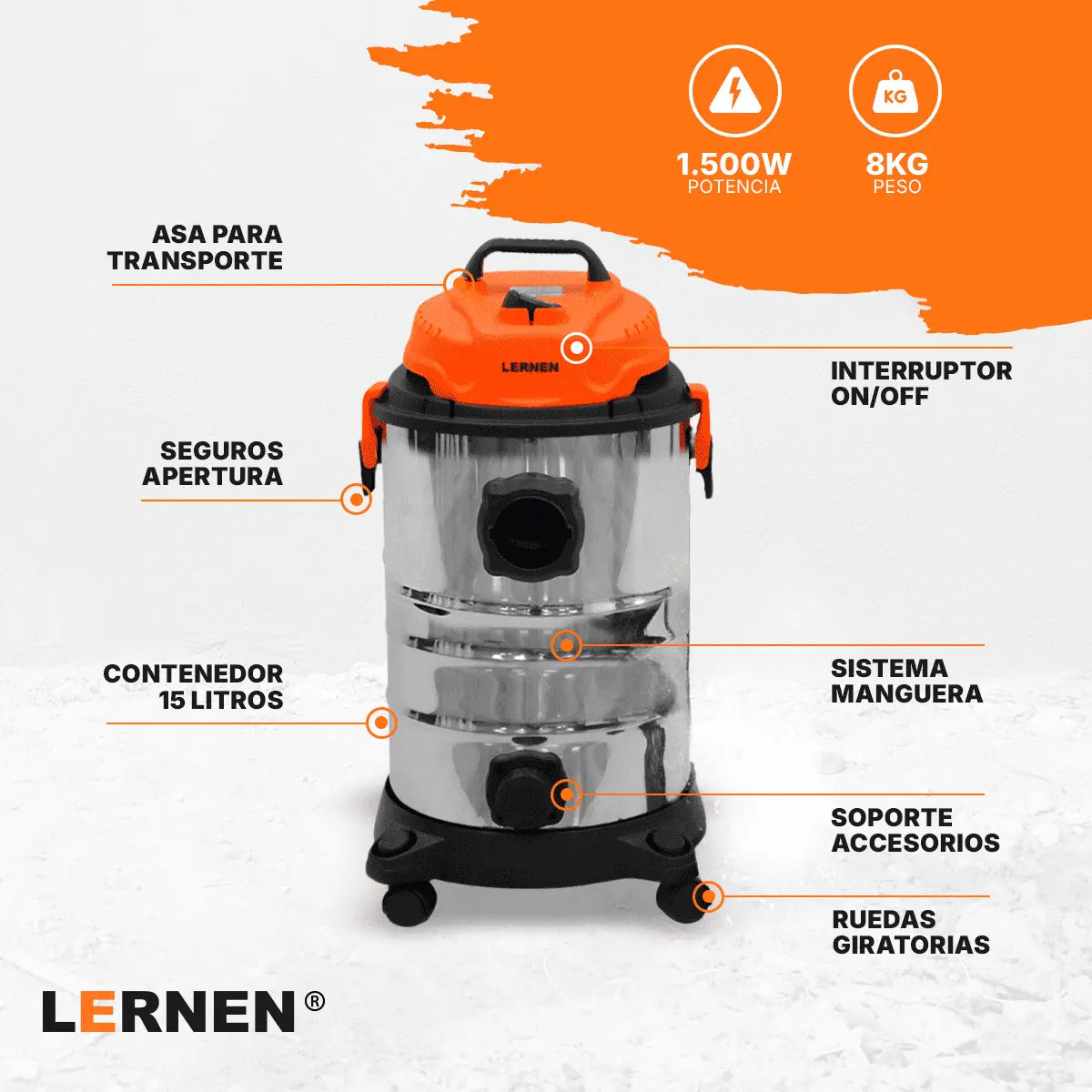 Aspiradora LERNEN Multifunción Metálica Polvo Agua 30 Litros 1500w Lernen