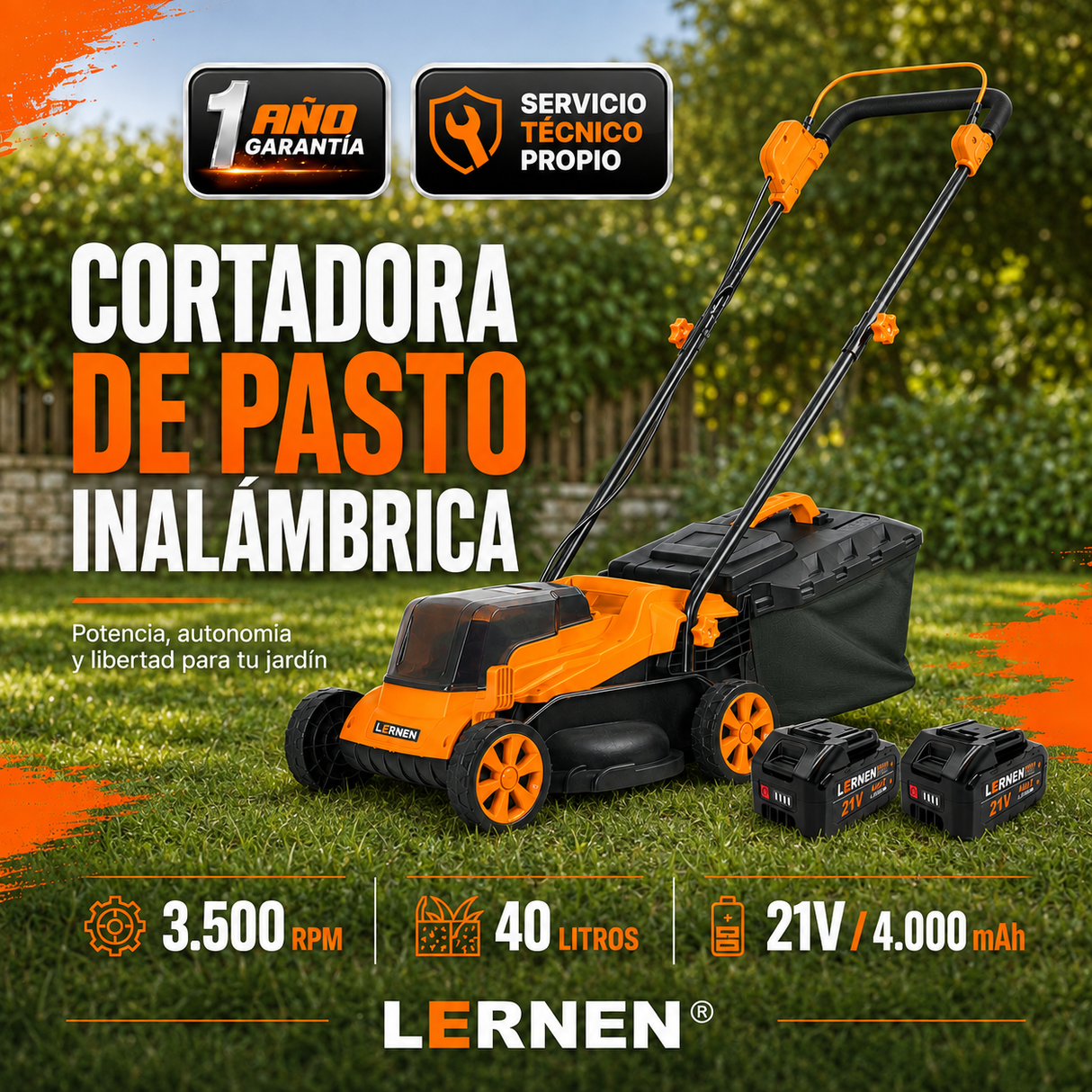 Cortadora de Pasto Inalámbrica LERNEN 1.400W 40L + 2 Baterías 4000 mAh