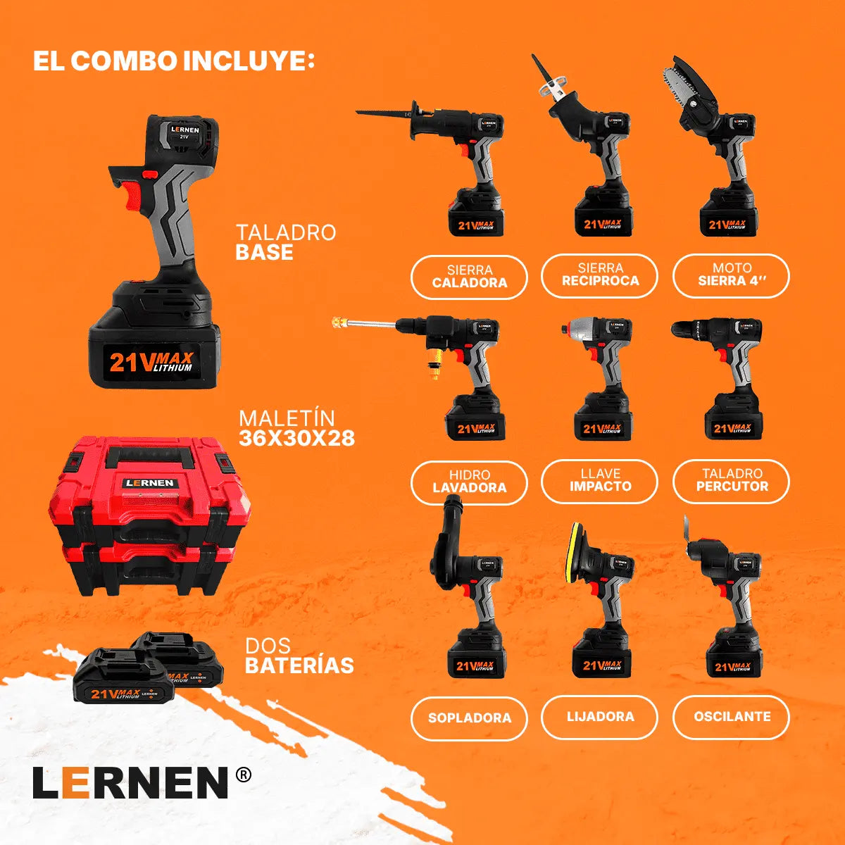 Combo Taladro + Herramientas Eléctricas 10 En 1 LERNEN + Maletín + 2 Baterías Lernen