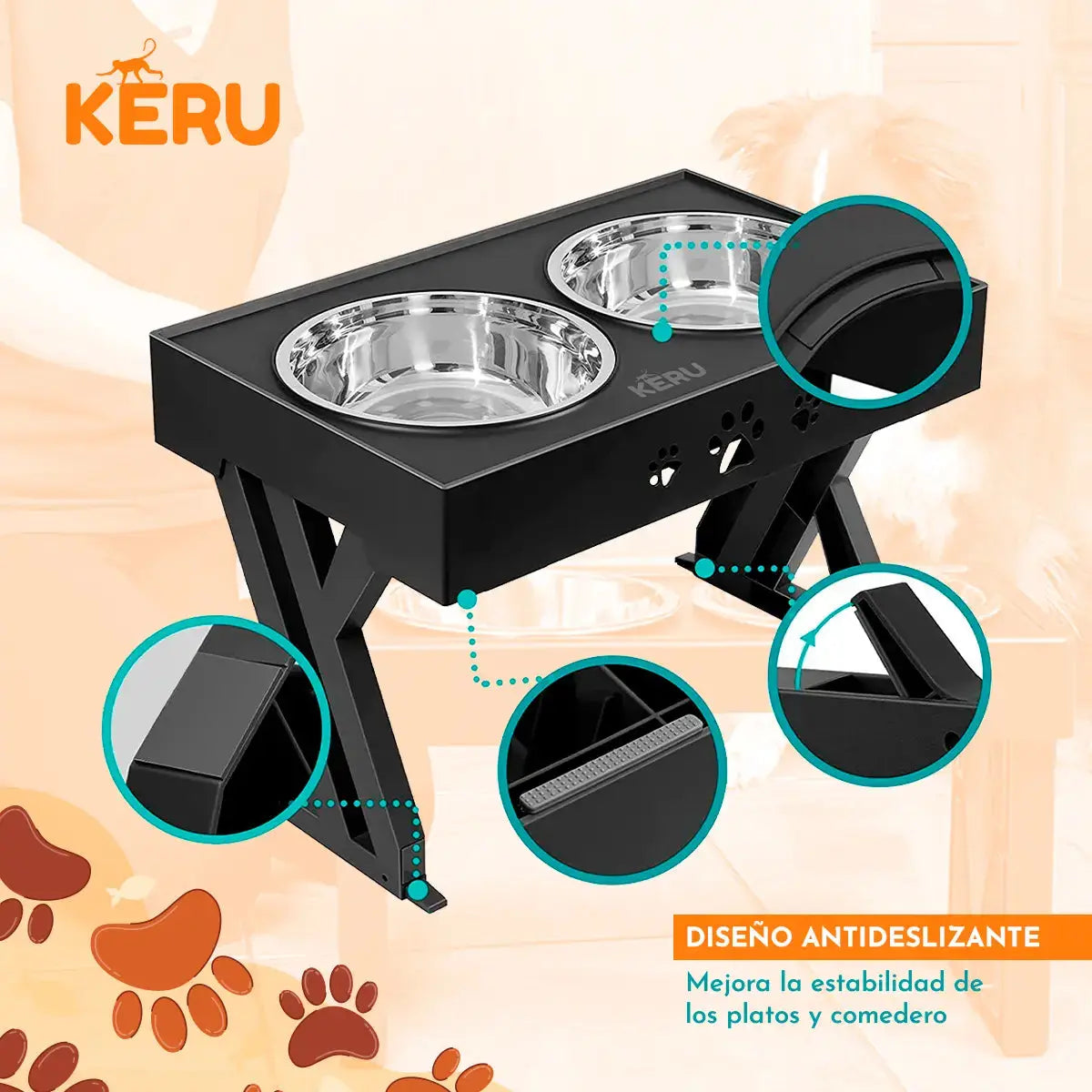 Comedero y Bebedero Para Perros con Altura Ajustable - Colores - 2 Platos de Acero y 1 Comedero con Dificultad Lernen