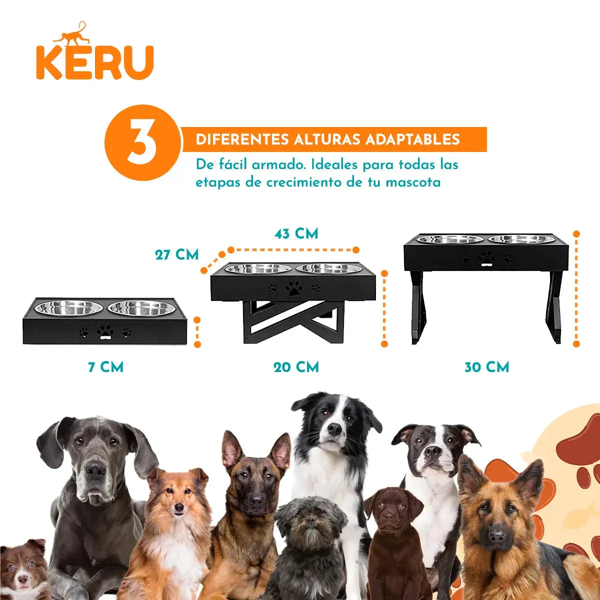 Comedero y Bebedero Para Perros con Altura Ajustable - Colores - 2 Platos de Acero y 1 Comedero con Dificultad Lernen