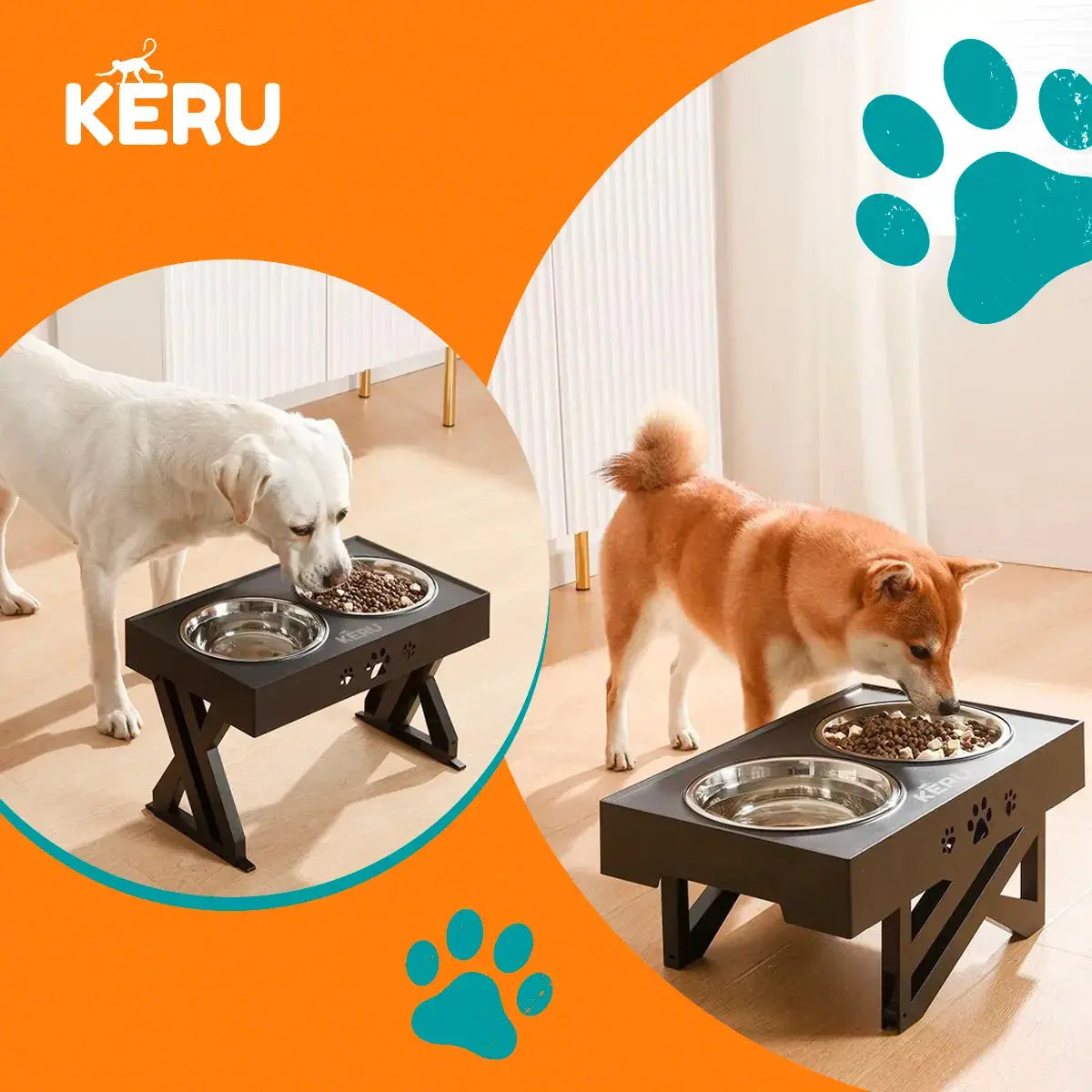 Comedero y Bebedero Para Perros con Altura Ajustable - Colores - 2 Platos de Acero y 1 Comedero con Dificultad Lernen