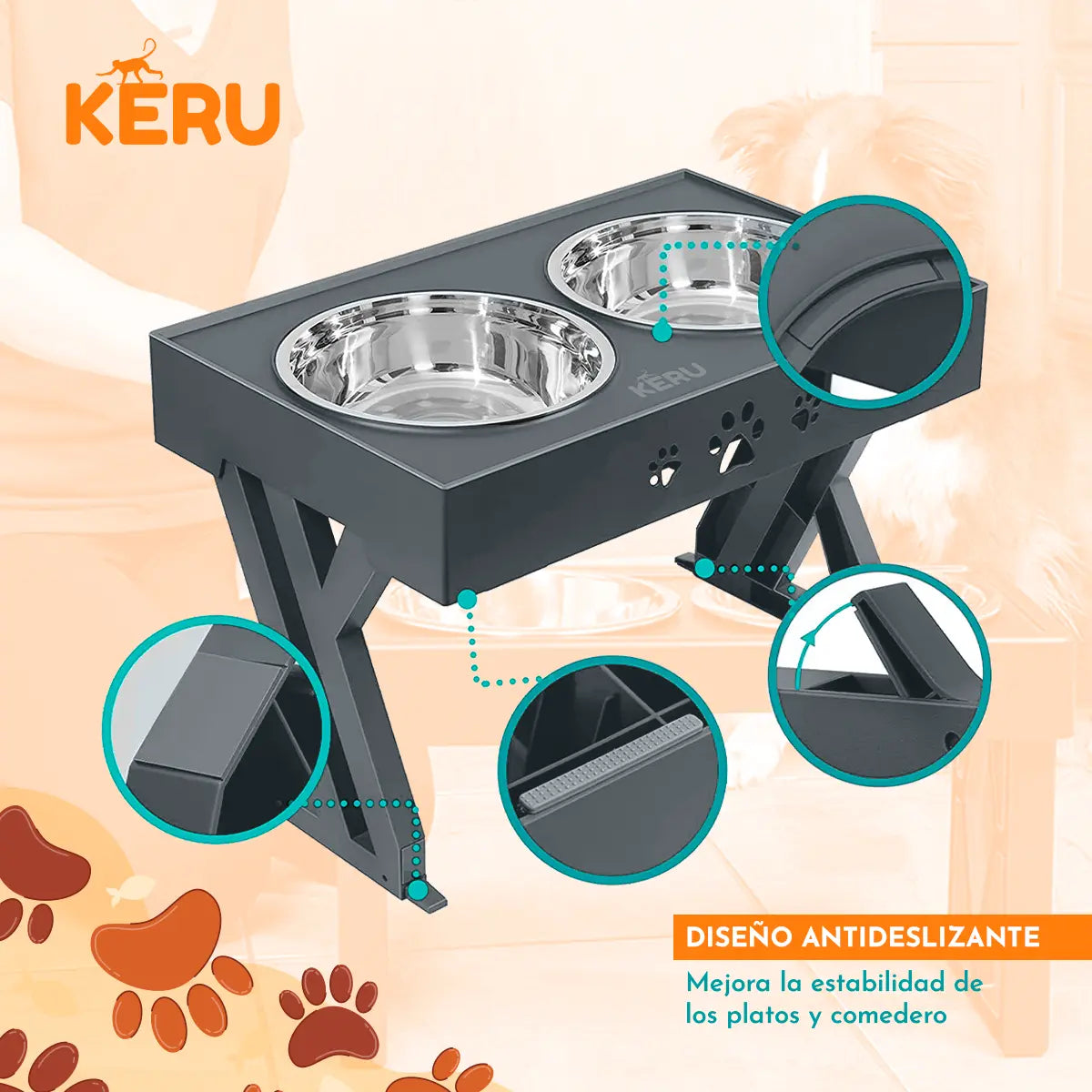 Comedero y Bebedero Para Perros con Altura Ajustable Gris Lernen