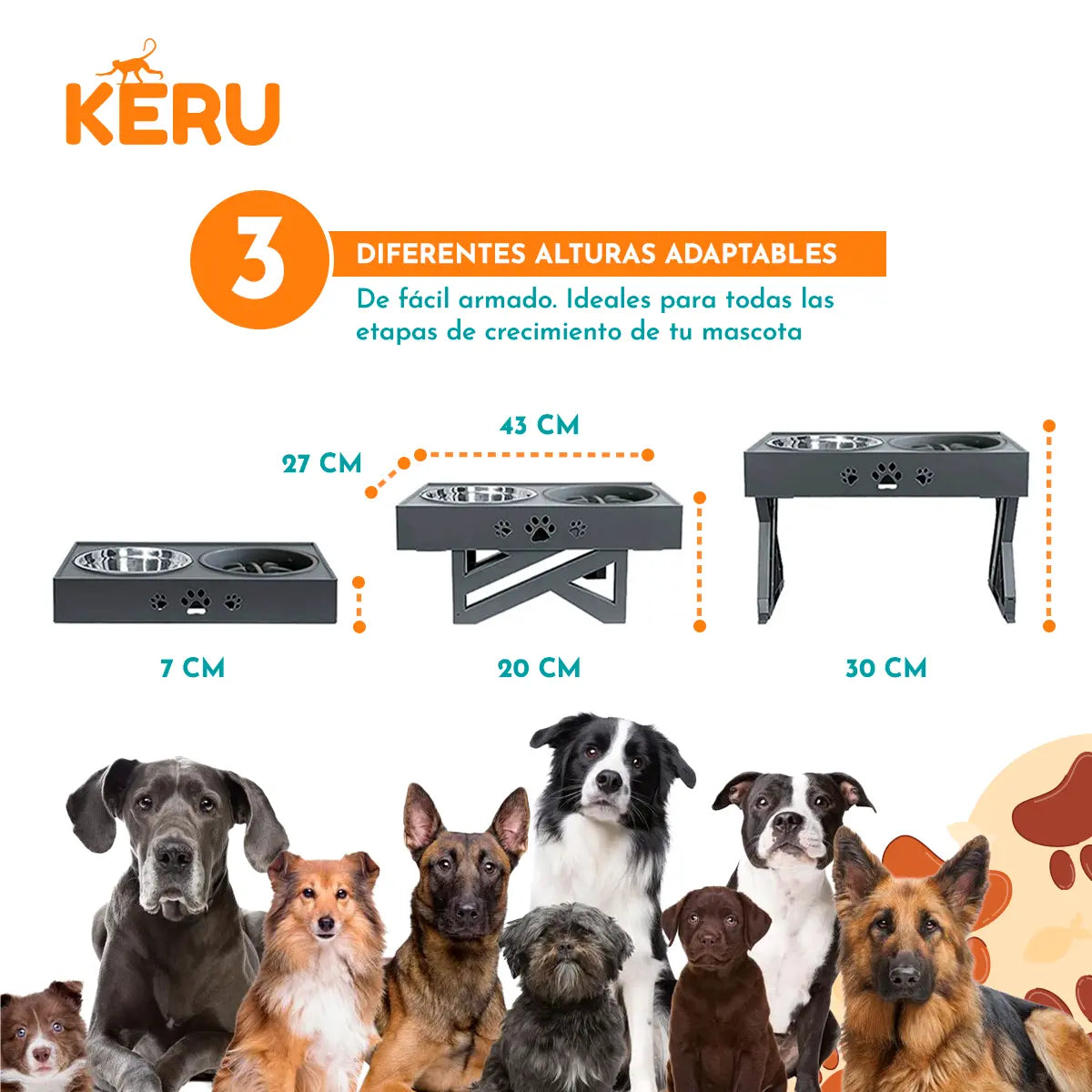 Comedero y Bebedero Para Perros con Altura Ajustable Gris Lernen