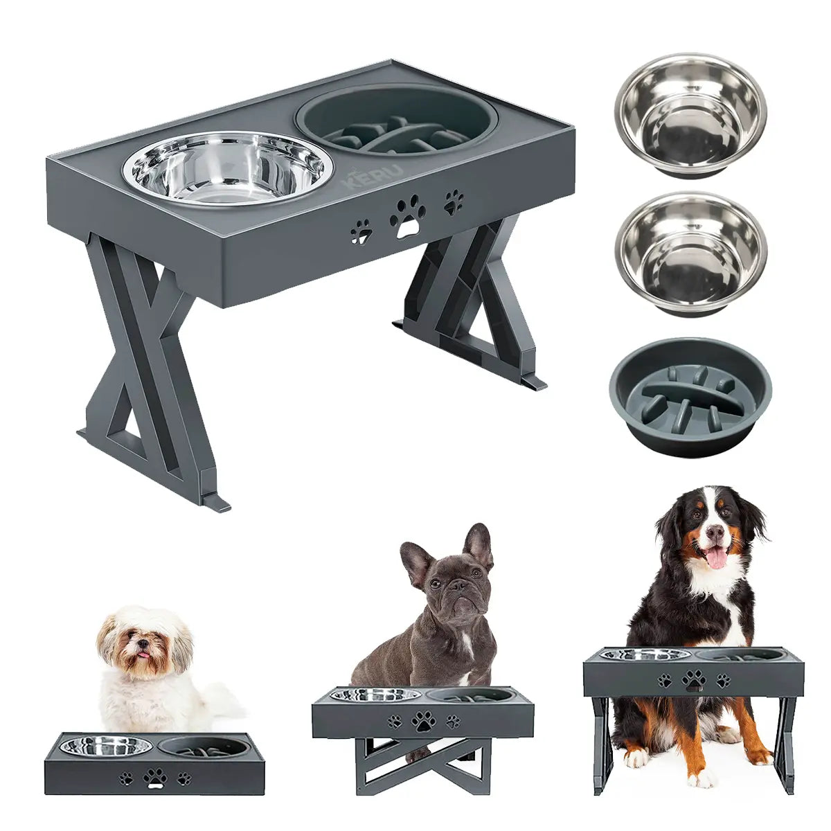 Comedero y Bebedero Para Perros con Altura Ajustable Gris Lernen