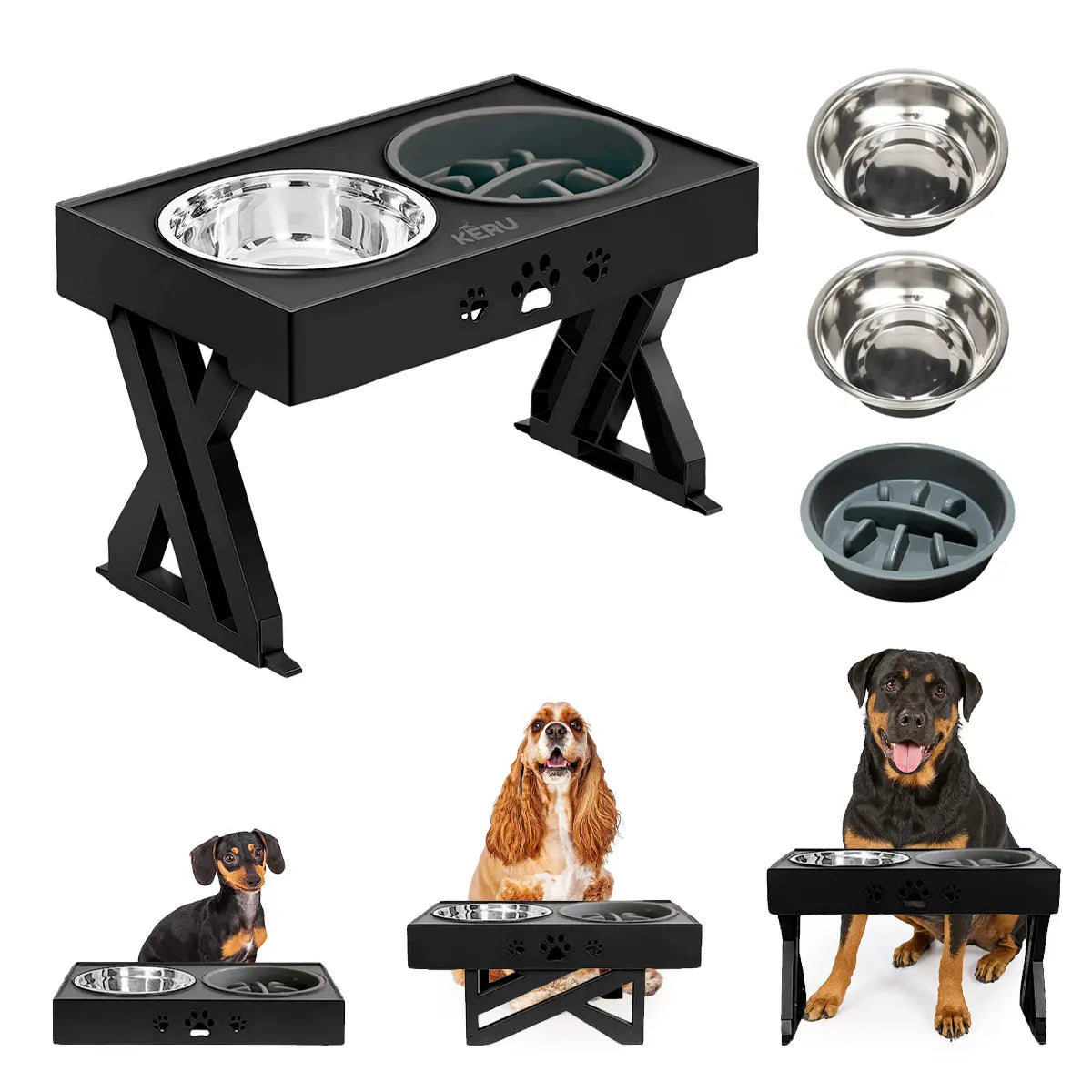 Comedero y Bebedero Para Perros con Altura Ajustable Negro Lernen