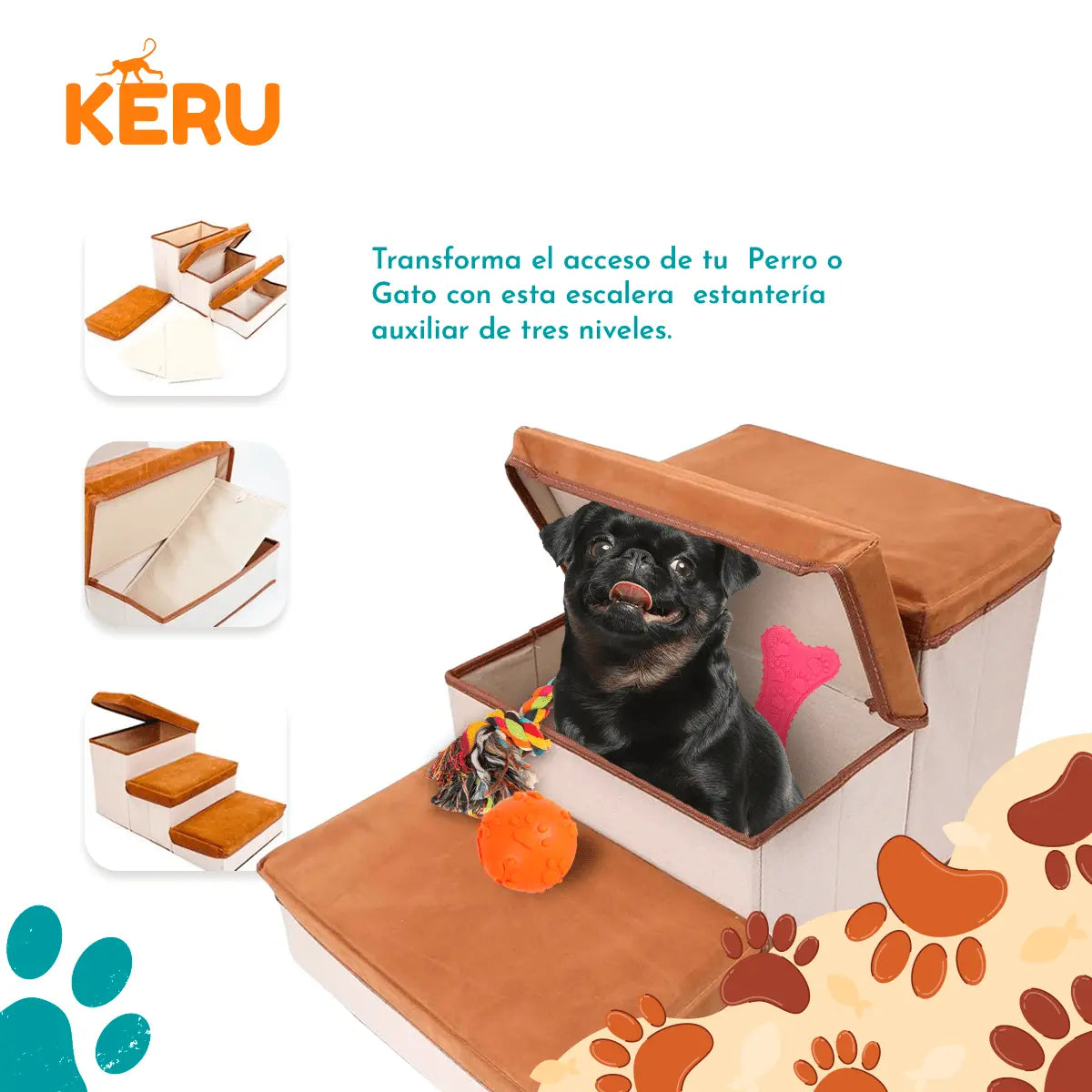 Escalera Para Perros Y Gatos Con Estantes Guardadores Cafe Keru