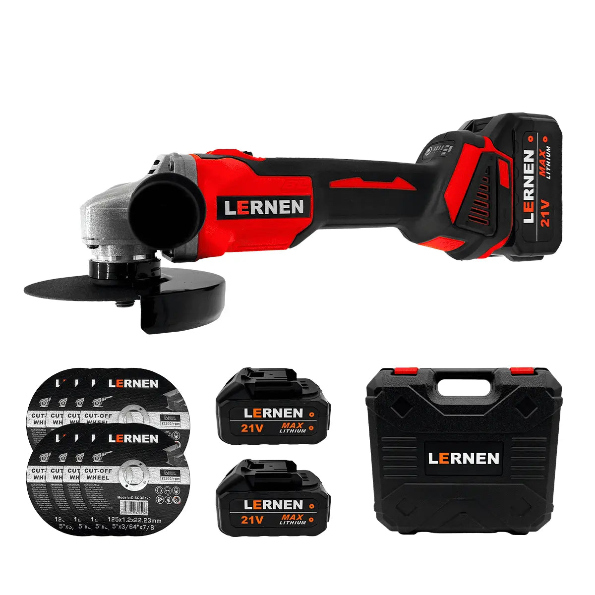 Esmeril angular inalámbrico de 125 mm + 8 Discos + 2 Baterías Lernen