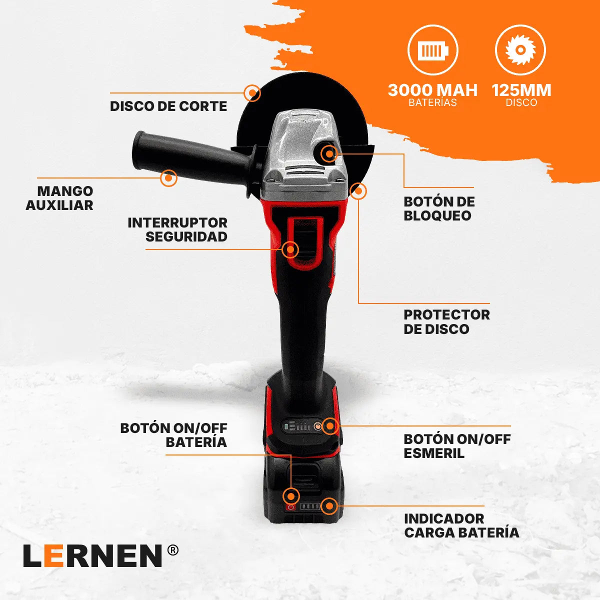 Esmeril angular inalámbrico de 125 mm + 8 Discos + 2 Baterías Lernen