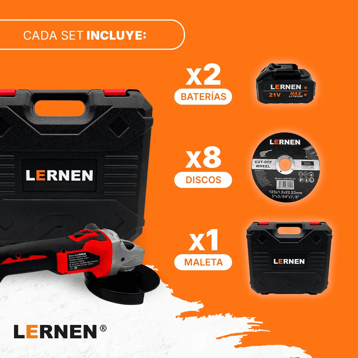 Esmeril angular inalámbrico de 125 mm + 8 Discos + 2 Baterías Lernen