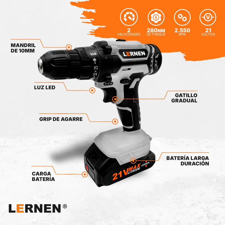 Pack Taladro Inalámbrico 21v 2baterías + Set Herramientas Lernen