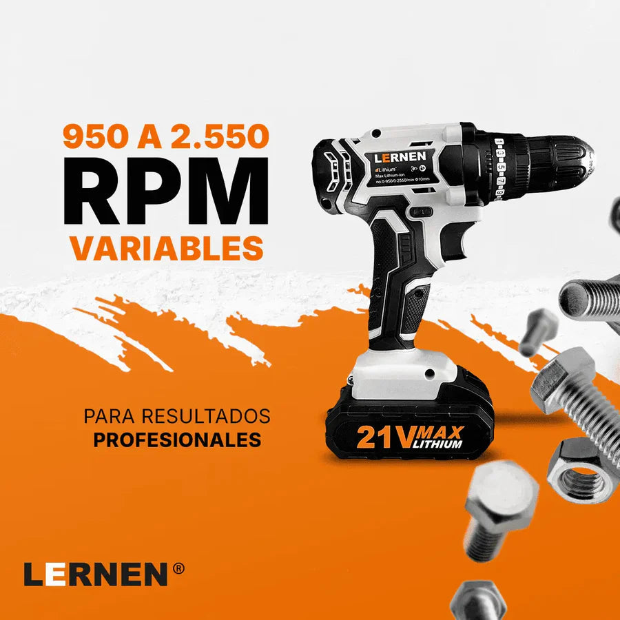 Pack Taladro Inalámbrico 21v 2baterías + Set Herramientas Lernen