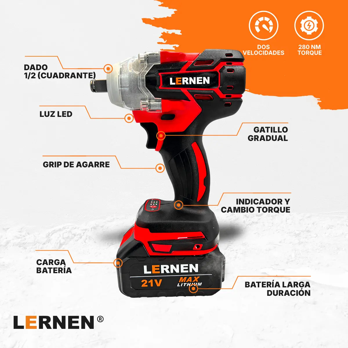 Llave Impacto 1/2" Inalámbrica LERNEN 21V + 2 Baterías + Acc