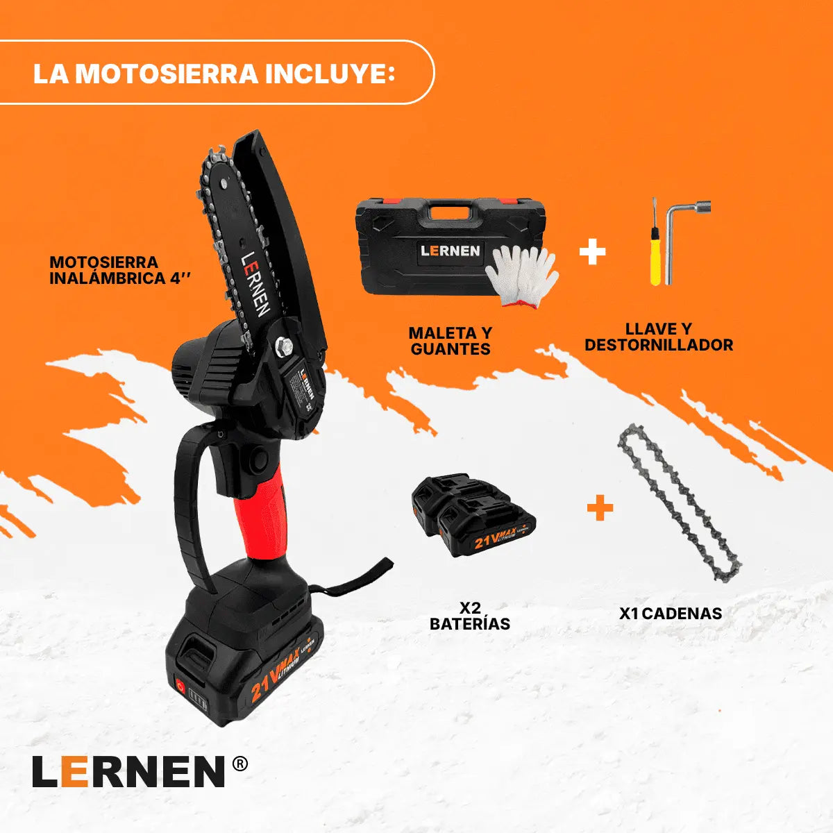 Motosierra Podadora Eléctrica 4 pulgadas LERNEN + 2 Baterías Lernen